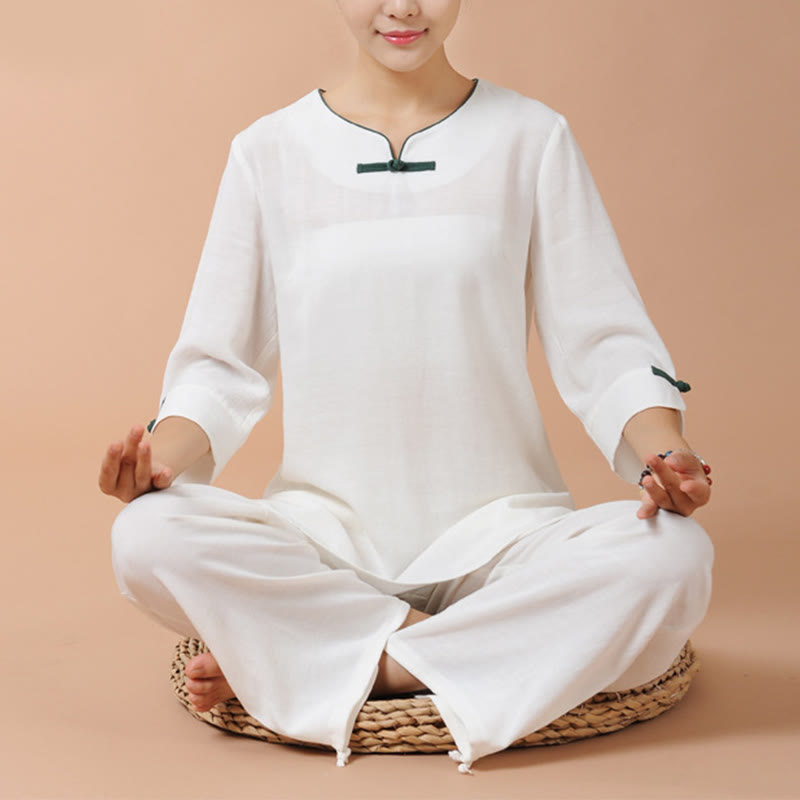 Buddha Stones 2Pcs Frog-Button Three Quarter Sleeve Shirt Top Pants Meditation Zen Tai Chi Linen Clothing Women's Set