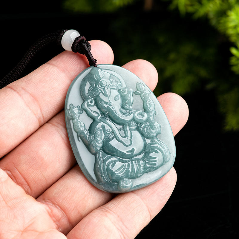 Buddha Stones Natural Jade Ganesh Ganpati Elephant Protection Amulet Necklace Pendant - image 5