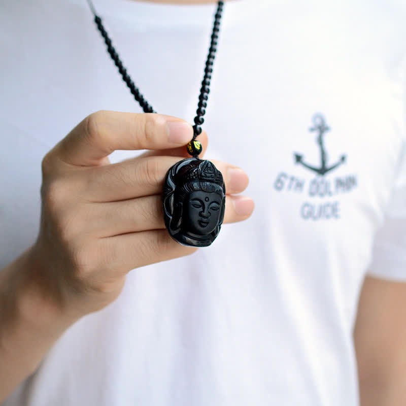 Buddha Stones Natural Black Obsidian Kwan Yin Avalokitesvara Strength String Necklace Pendant - image 5