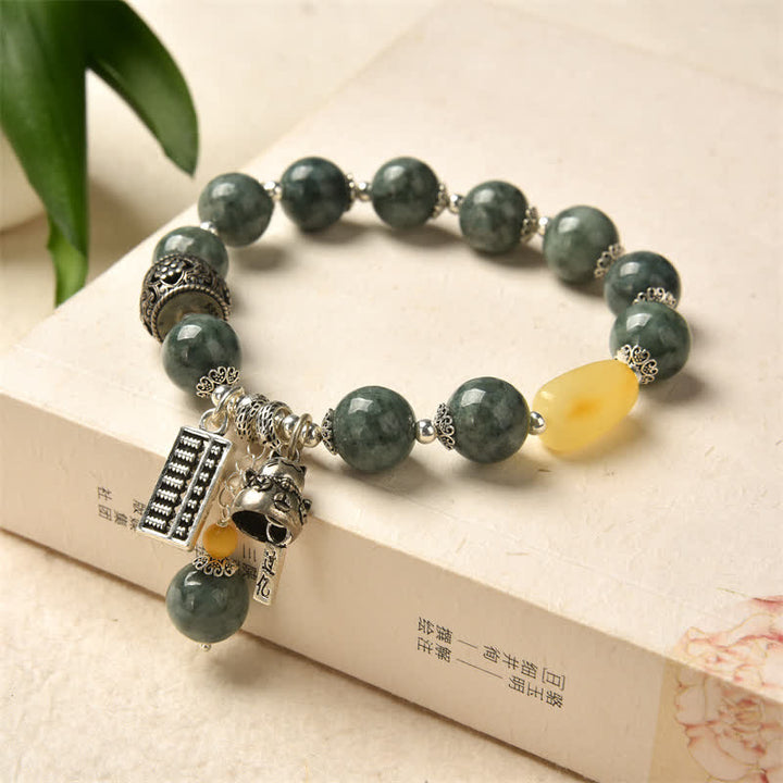 925 Sterling Silver Cyan Jade Amber Abacus Lucky Cat Success Bracelet - Cyan Jade (Success ♥ Healing) - image 1