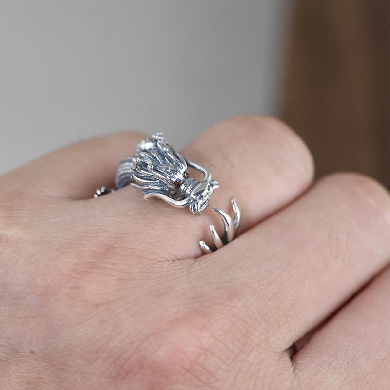 925 Sterling Silver Dragon Luck Protection Ring - image 2