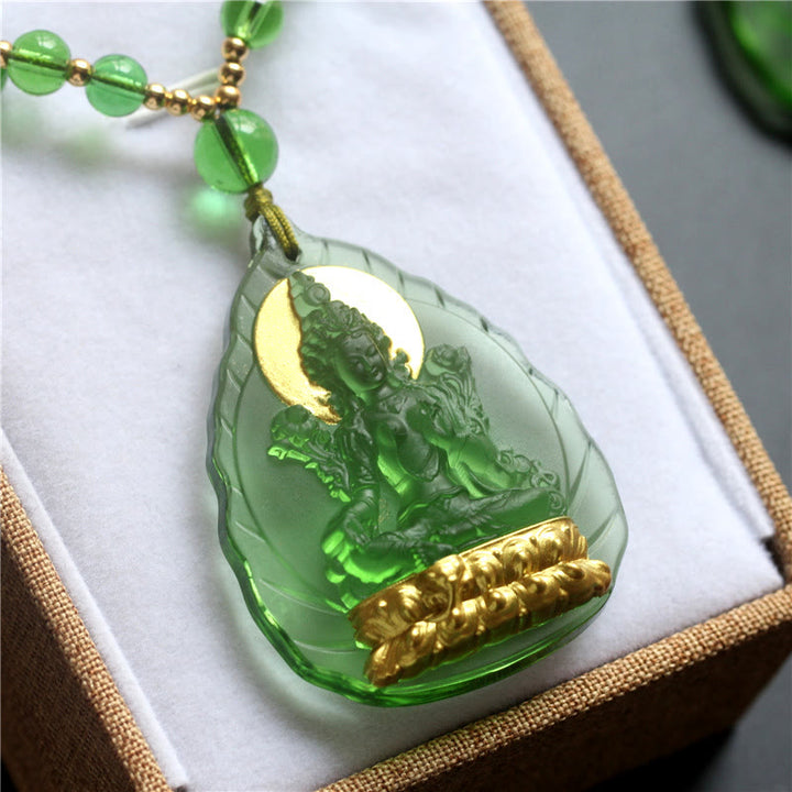 Buddha Stones Tibetan Green Tara Buddha Gold Plated Liuli Crystal Protection Necklace Pendant - image 5