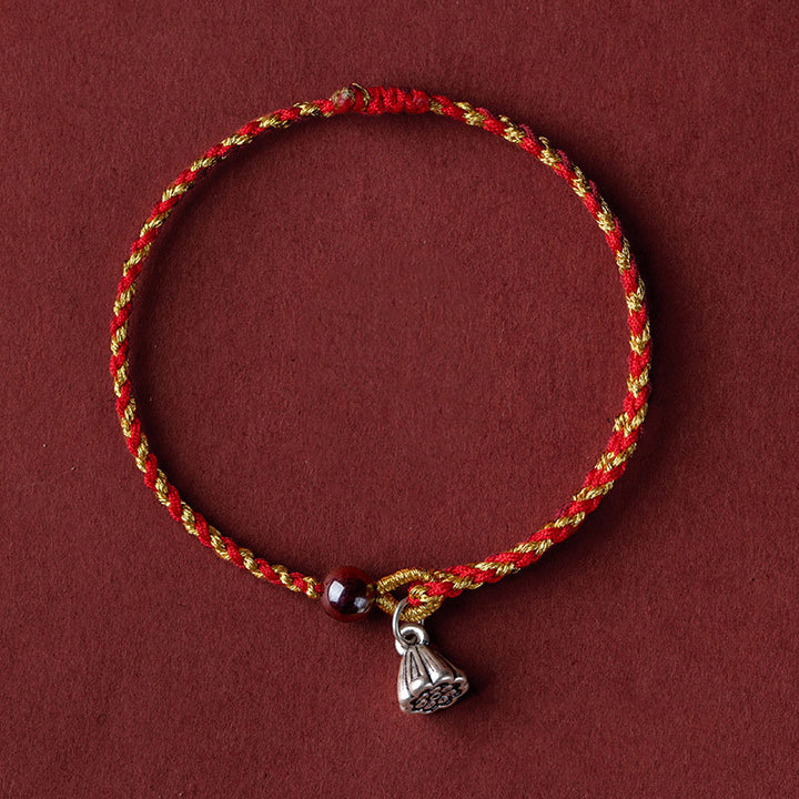 Buddha Stones Handcrafted Red Gold Rope Lotus Peace And Joy Charm Braid Bracelet