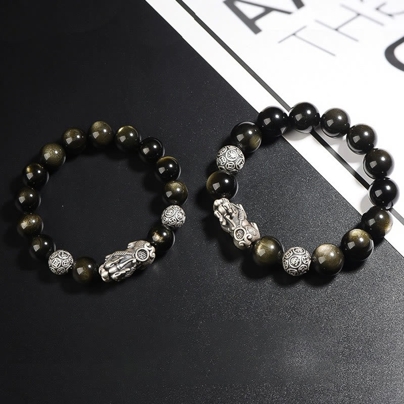 Buddha Stones 925 Sterling Silver Natural Gold Sheen Obsidian PiXiu Wealth Protection Bracelet - image 6