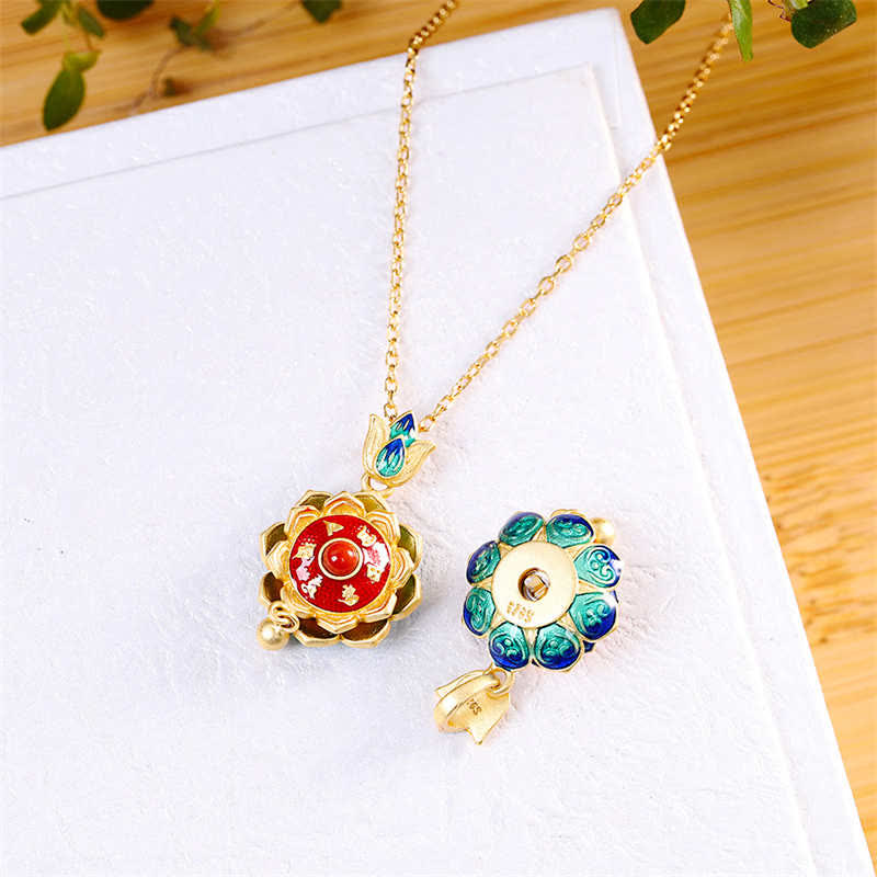 925 Sterling Silver Tibet Lotus Prayer Wheel Red Agate Enlightenment Necklace Pendant - image 8