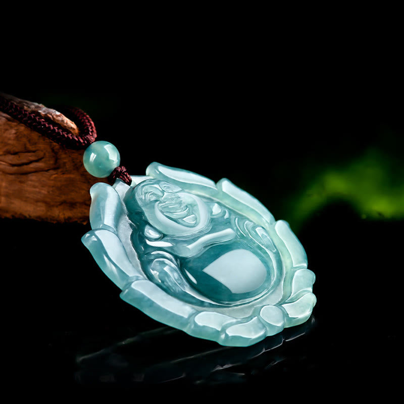 Buddha Stones Natural Jade Laughing Buddha Lotus Pattern Luck Necklace Pendant - image 5