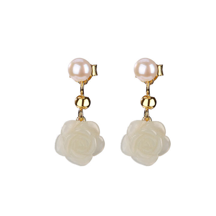 Buddha Stones 925 Sterling Silver Plated Gold Jade Rose Flower Cyan Jade Pearl Luck Earrings - image 8