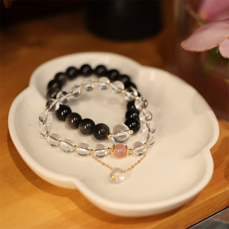 Natural Silver Sheen Obsidian Pink Crystal White Crystal Protection Yin Yang Color Couple Bracelet - image 7