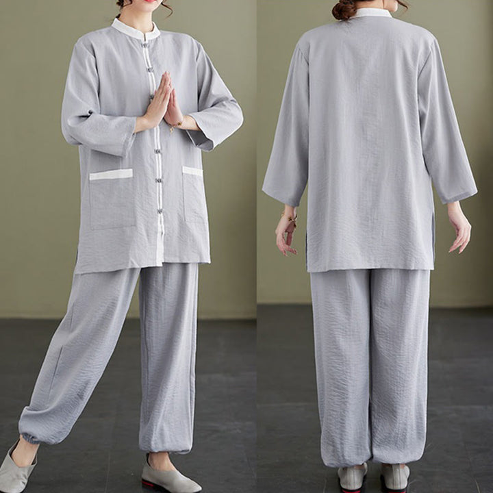 Buddha Stones 2Pcs Solid Color Long Sleeve Shirt Top Pants Meditation Zen Tai Chi Cotton Linen Clothing Women's Set