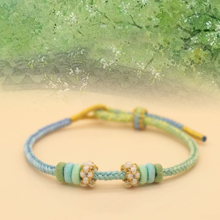 Buddha Stones Handmade Eight Thread Peace Knot Peach Blossom Knot Luck Rope Braided Bracelet - Spring Full Of Gardens(Blue Green) (Wrist Circumference 14-18cm) - image 4