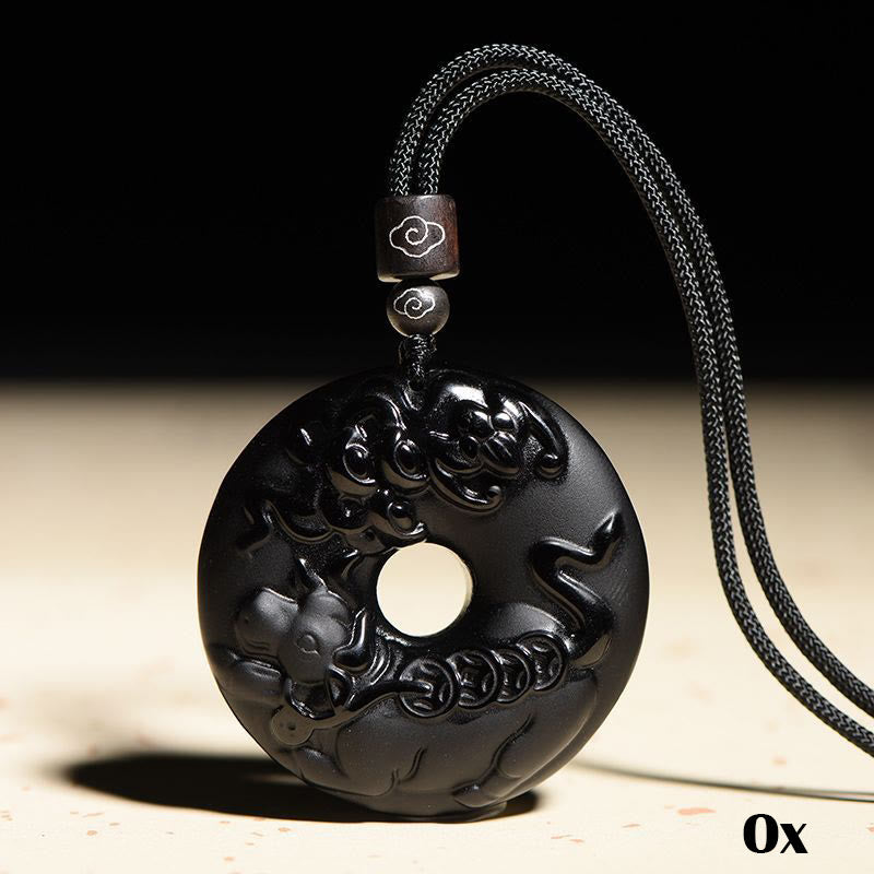 Buddha Stones Chinese Zodiac Natural Black Obsidian Peace Buckle Strength Necklace Pendant - Ox - image 13