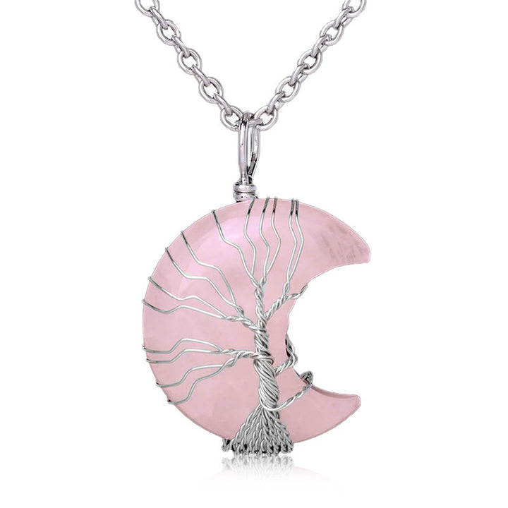 Buddha Stones Natural Quartz Crystal Moon Tree Of Life Healing Energy Necklace Pendant - Rose Quartz - image 7