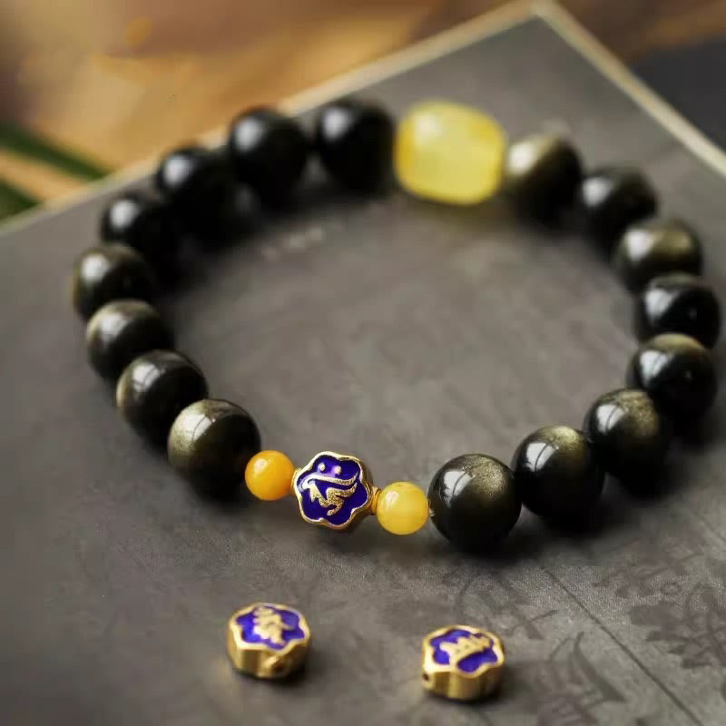 Buddha Stones 925 Sterling Silver Chinese Zodiac Natal Buddha Natural Gold Sheen Obsidian Amber Wealth Protection Bracelet - Dog/Pig-Amitabha Buddha - image 0
