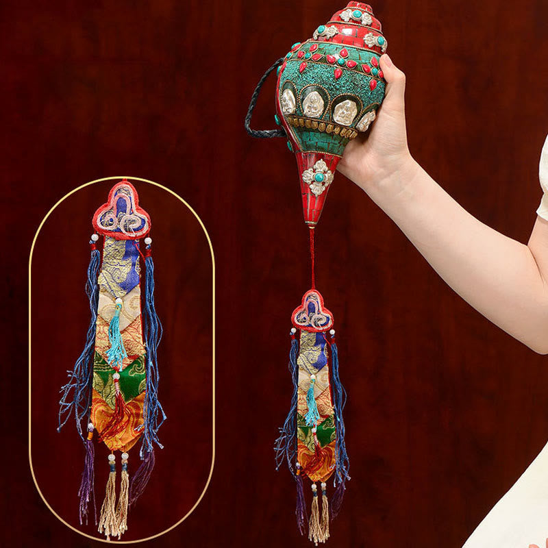 Tibetan Handmade Shankha Om Mani Padme Hum Buddha Avalokitesvara Turquoise Conch Shell Positive Decoration - image 11