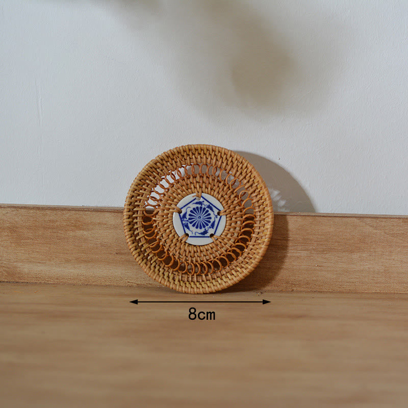 Ceramic Flower Pattern Rattan Cup Mat Tea Cup Coaster - 8cm Ceramic Coaster - image 2