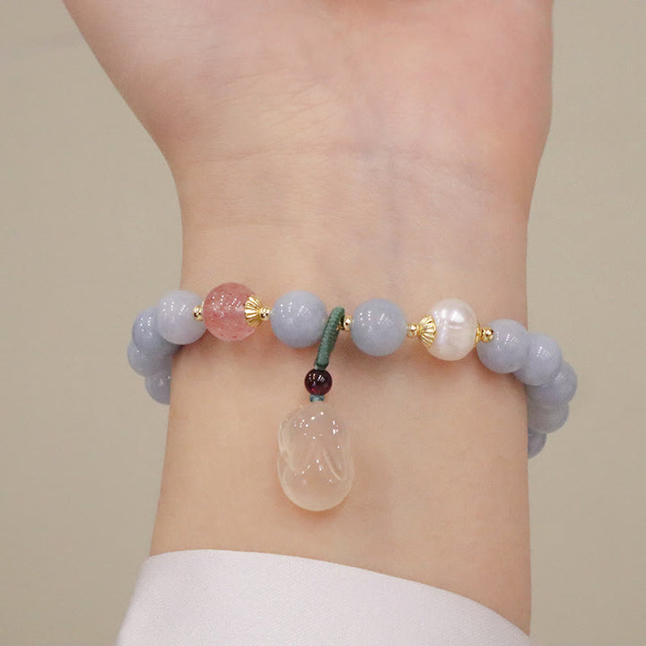 Buddha Stones Natural Aquamarine Chalcedony Serenity Rabbit Gourd Cat Charm Bracelet - image 3