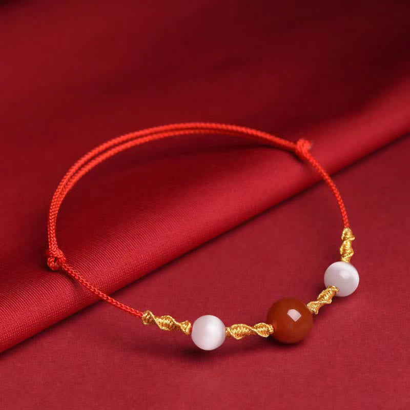 Buddha Stones Natural Red Agate Cat Eye Calm Braided String Bracelet Necklace Pendant - Red Agate&Cat Eye Red Rope Bracelet(Wrist Circumference 13-19cm) - image 1