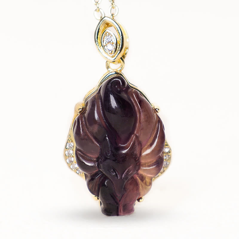 Buddha Stones Natural Colorful Fluorite Nine Tailed Fox Protection Necklace Pendant