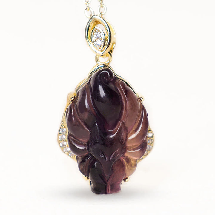 Buddha Stones Natural Colorful Fluorite Nine Tailed Fox Protection Necklace Pendant