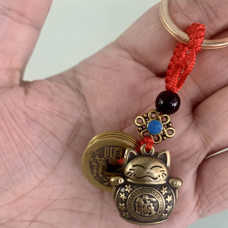 Buddha Stones Feng Shui Five Emperor Coins Lucky Cat Money Wealth Keychain - image 3