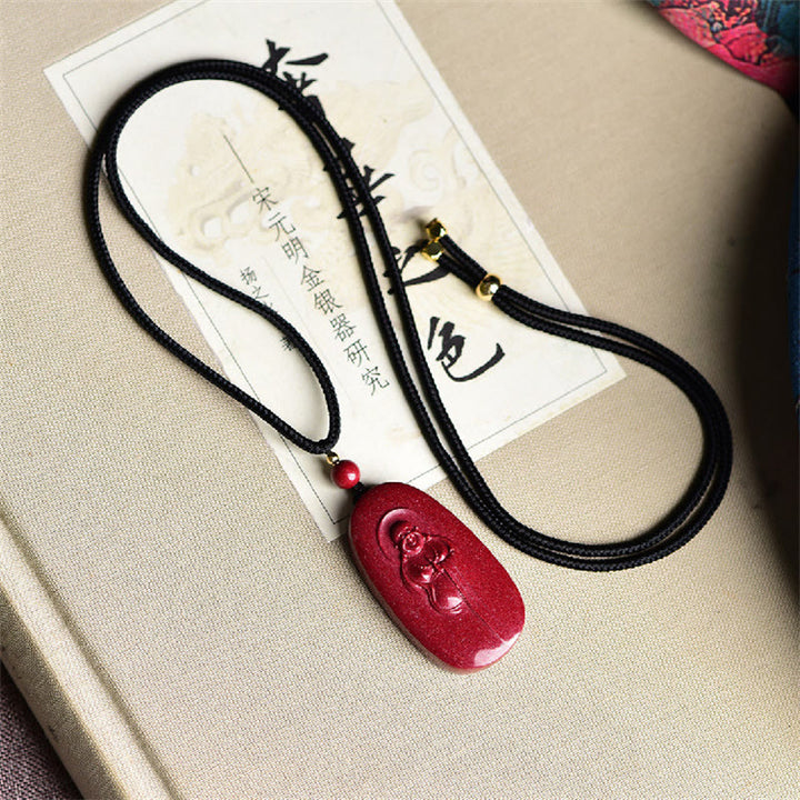 Buddha Stones Laughing Buddha Yin Yang Chinese Zodiac Gourd Natural Cinnabar Blessing Necklace Pendant - image 5