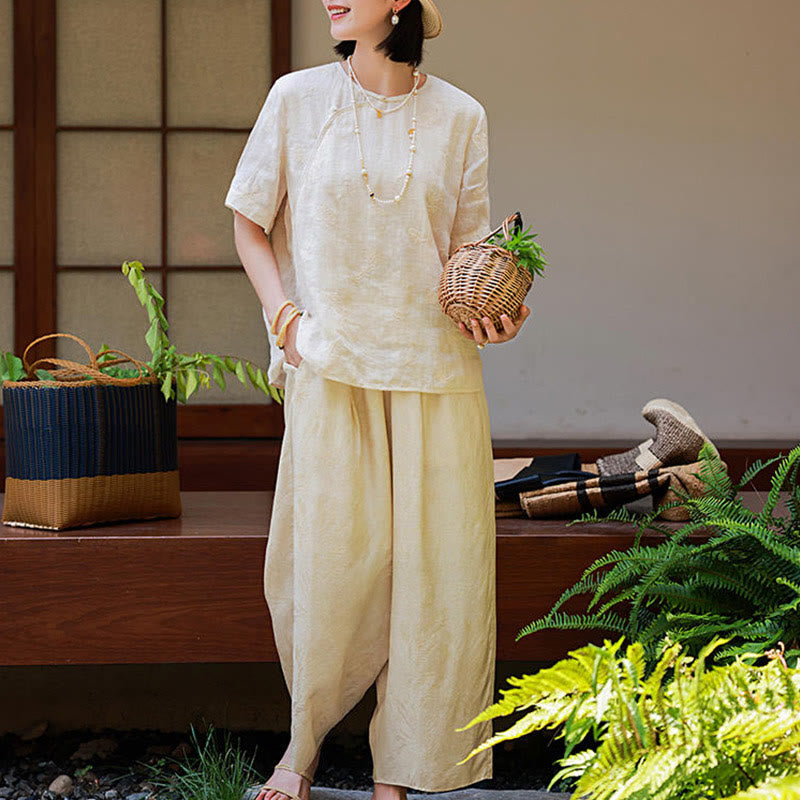 Buddha Stones Ramie Linen Loose Blouse Short Sleeve Shirt Chinese Style Top