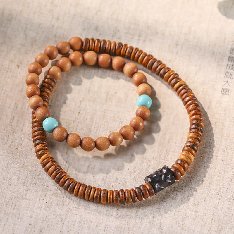 Buddha Stones Sandalwood Small Leaf Red Sandalwood Turquoise Protection Double Wrap Bracelet