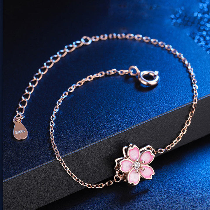 Buddha Stones 925 Sterling Silver Cherry Blossom Blessing Chain Bracelet Rotatable Ring - image 1