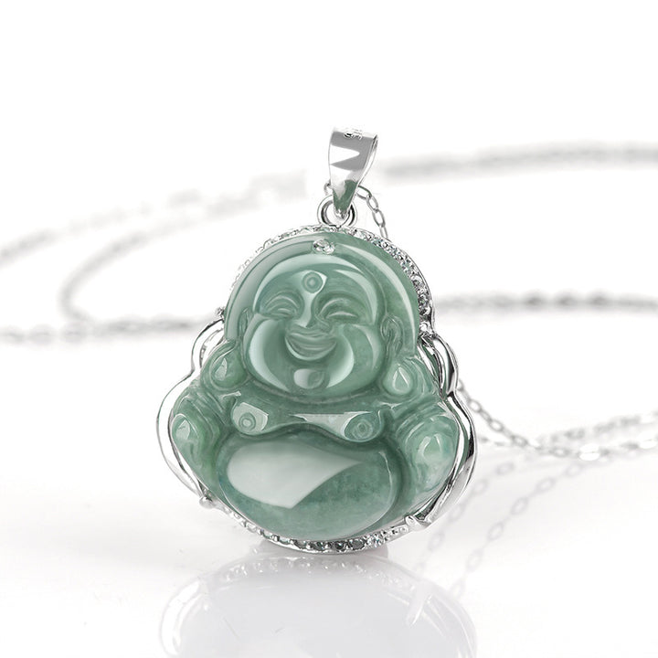 Buddha Stones 925 Sterling Silver Laughing Buddha Jade Abundance Necklace Chain Pendant - image 4