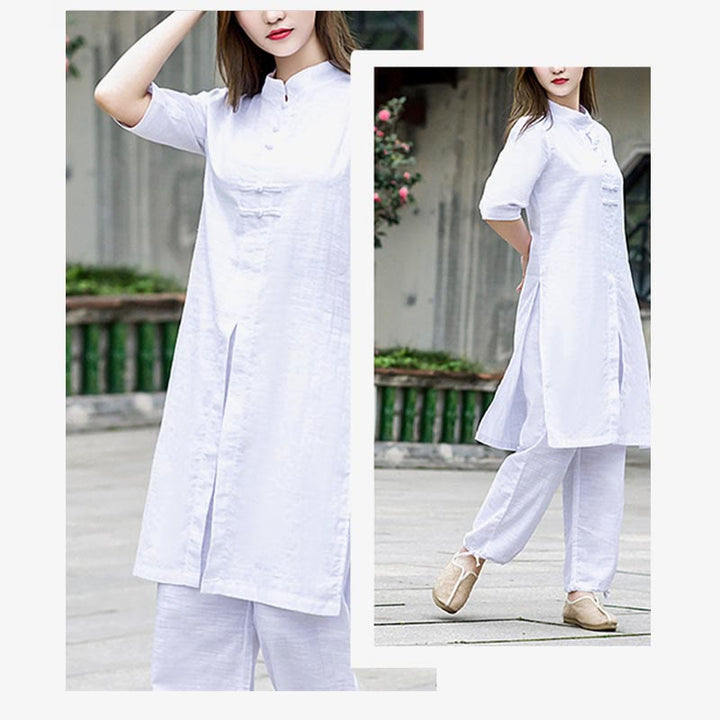 Buddha Stones 2Pcs Half Sleeve Shirt Top Pants Meditation Zen Tai Chi Linen Clothing Women's Set