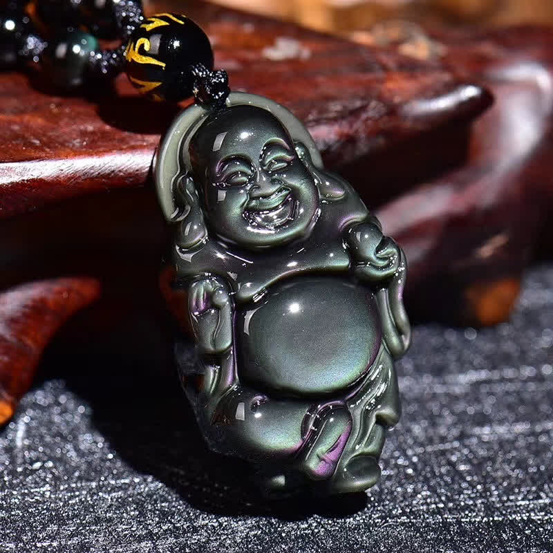 Natural Rainbow Obsidian Laughing Buddha Inner Peace Necklace Pendant