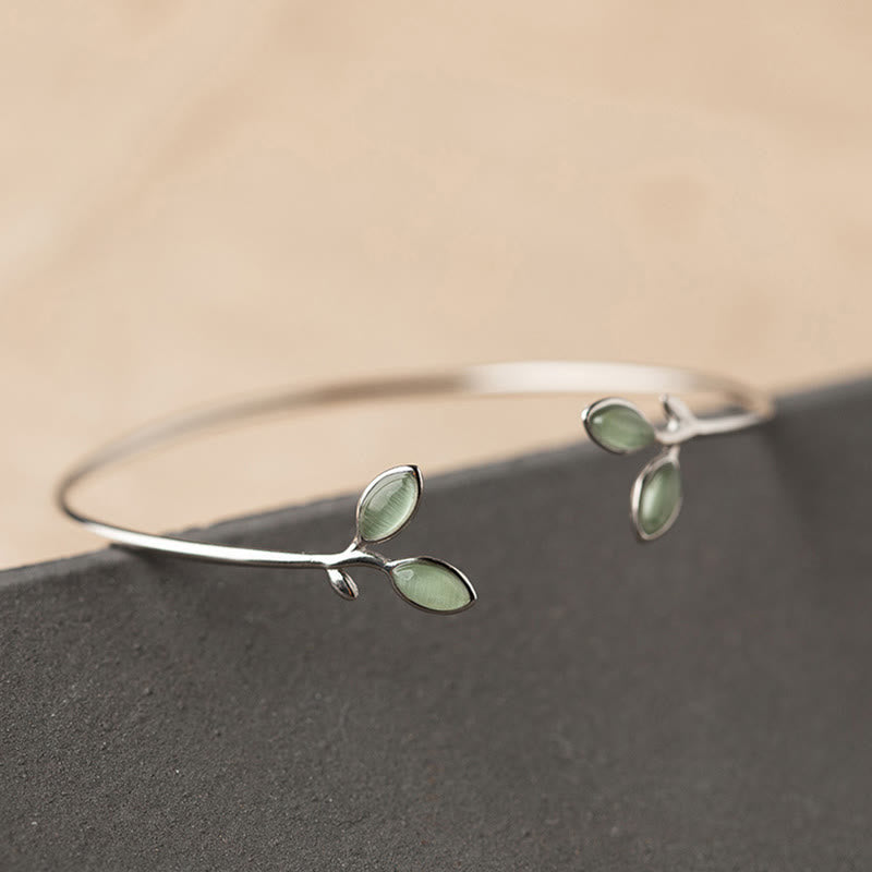 Buddha Stones Leaf Pattern Cat Eye Support Cuff Bracelet Bangle - image 12