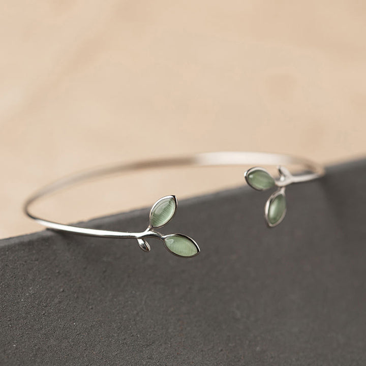 Buddha Stones Leaf Pattern Cat Eye Support Cuff Bracelet Bangle - image 12