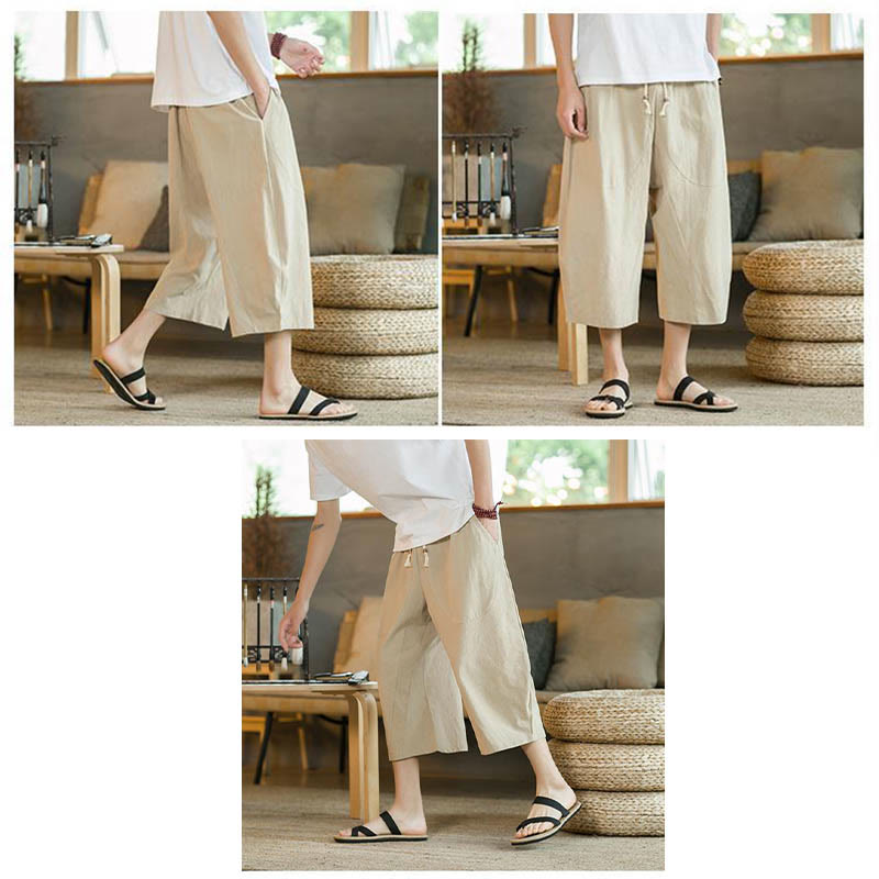 Buddha Stones Solid Color Mid-length Linen Men's Wide Leg Pants With Pockets