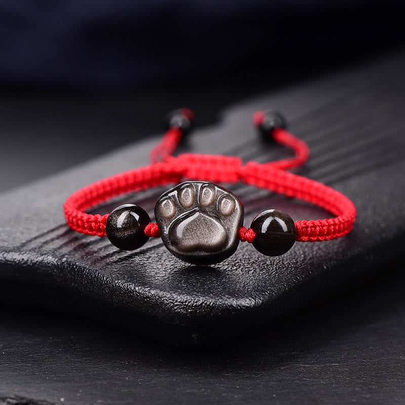 Buddha Stones Natural Silver Sheen Obsidian Gold Sheen Obsidian Cute Cat Paw Claw Protection Rope Bracelet - Silver Sheen Obsidian - Red Rope(Wrist Circumference 14-19cm) - image 1