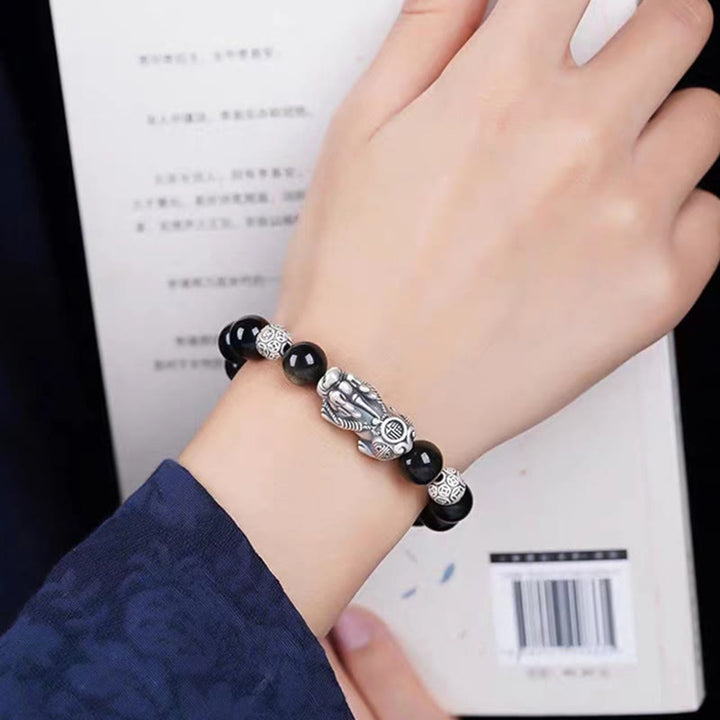 Buddha Stones 925 Sterling Silver Natural Gold Sheen Obsidian PiXiu Wealth Protection Bracelet - image 2