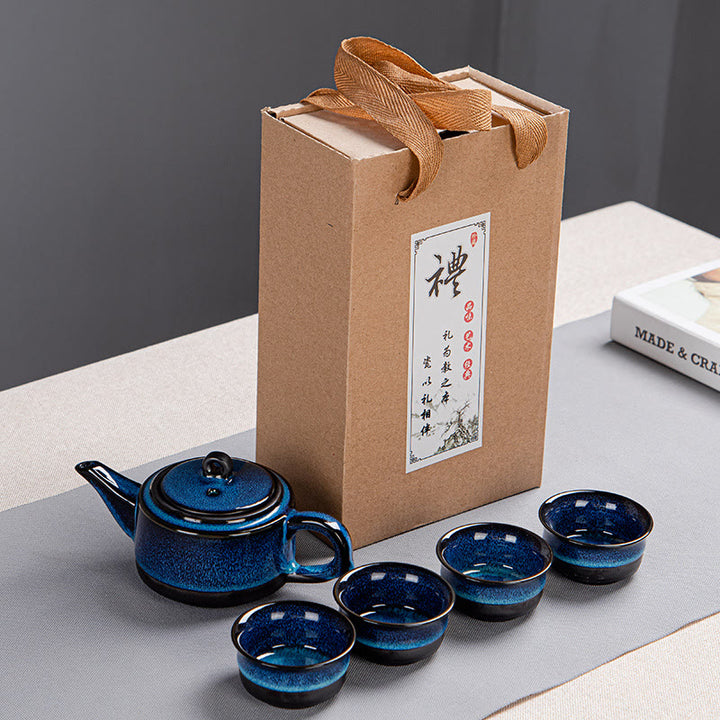 Blue Gradient Color Chinese Gongfu Tea Ceramic Teapot Portable Gift Bag Box Set - 1 Teapot With 4 Cups Box - image 7