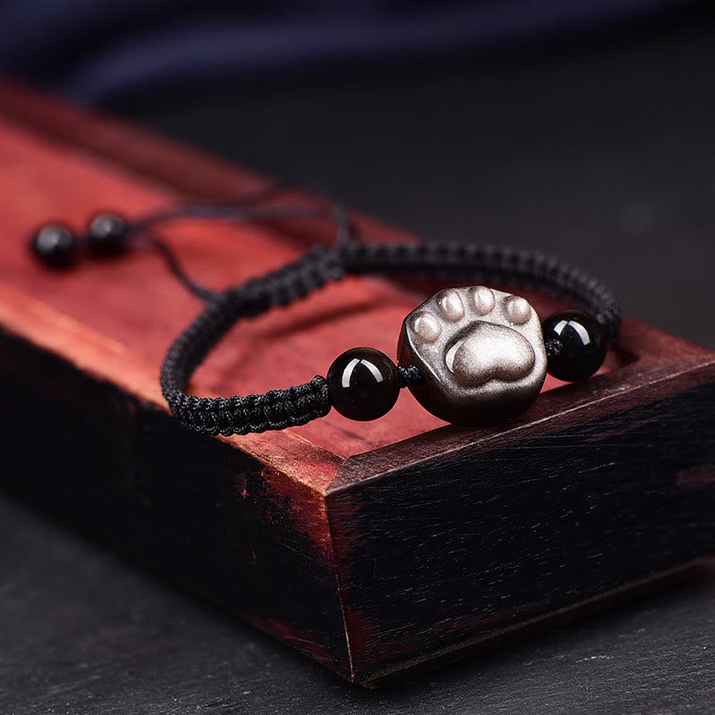 Buddha Stones Natural Silver Sheen Obsidian Gold Sheen Obsidian Cute Cat Paw Claw Protection Rope Bracelet - image 7
