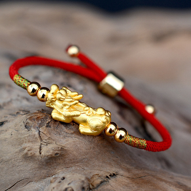 Buddha Stones 24K Gold-Plated PiXiu Luck Red String Bracelet - Red String(Gold)(Wrist Circumference 12-19cm) - 999 Sterling Silver - image 0