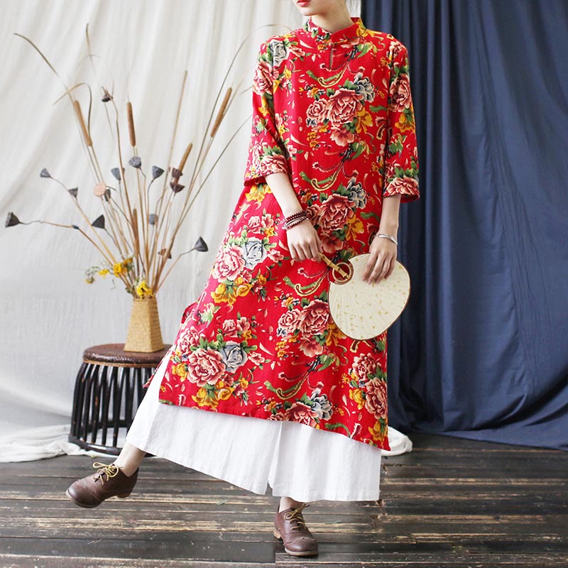 Buddha Stones Red Blue Peony Midi Dress Half Sleeve Cotton Linen Dress Wide Leg Pants With Pockets