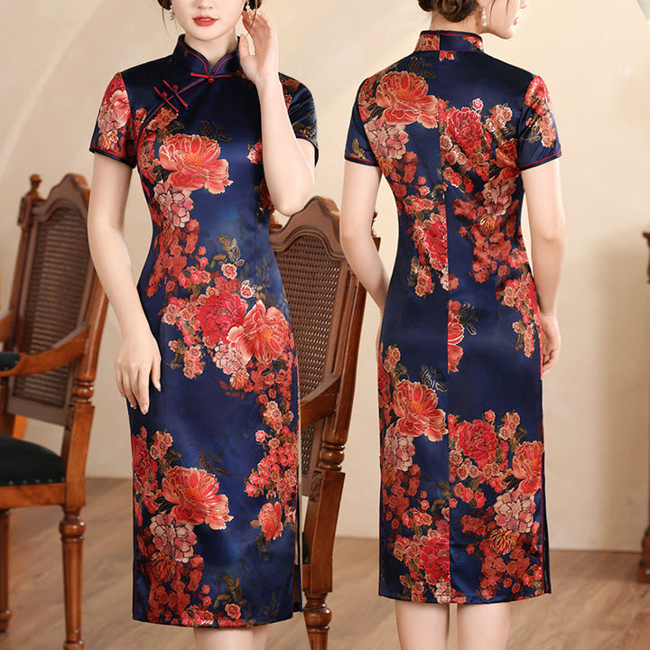 Buddha Stones Retro Flower Lotus Peony Feather Print Qipao Dress Women's Cheongsam Dress