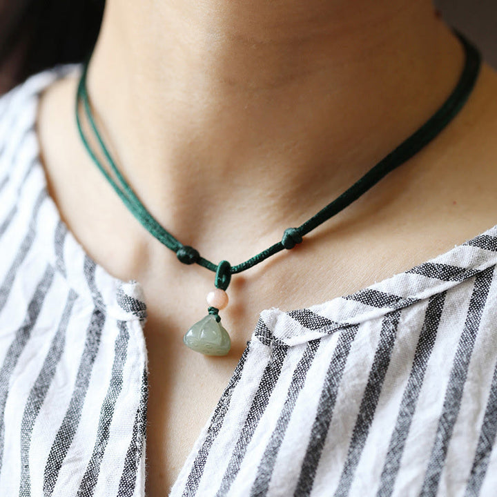 Natural Round Jade Peace Buckle Lotus Abundance String Necklace Pendant - Green - Lotus - image 7