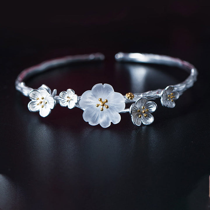 925 Sterling Silver Plum Flower Blessing Bracelet Adjustable Bangle - Plum Flower&Crystal - image 0