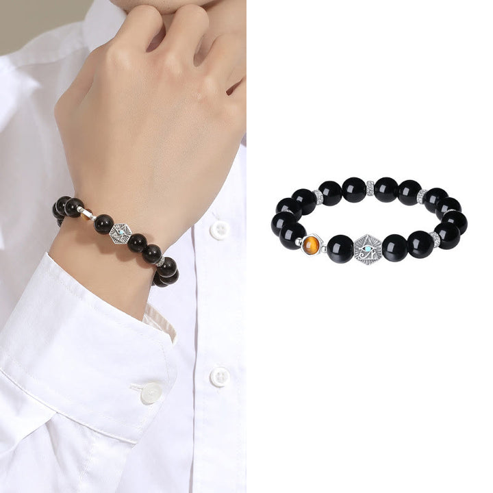 Buddha Stones 925 Sterling Silver Black Obsidian Tiger Eye Eye of Providence Purification Bracelet - image 9