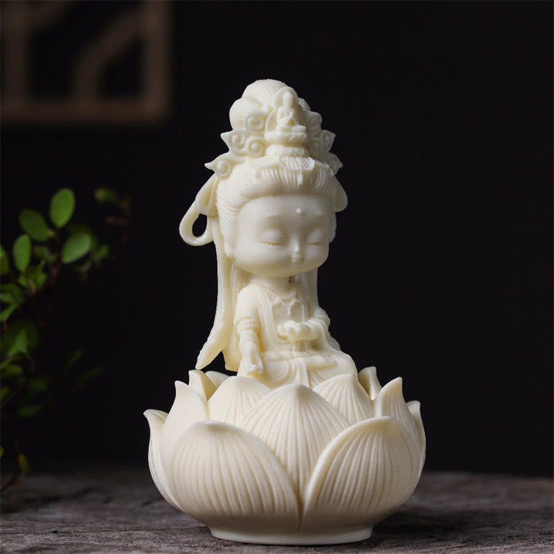 Buddha Stones Mini Ivory Fruit Kwan Yin Avalokitesvara Lotus Wealth Desk Decoration - image 1