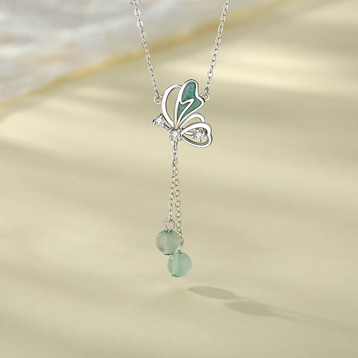 Buddha Stones 925 Sterling Silver Natural Green Aventurine Butterfly Luck Necklace Pendant Earrings Set