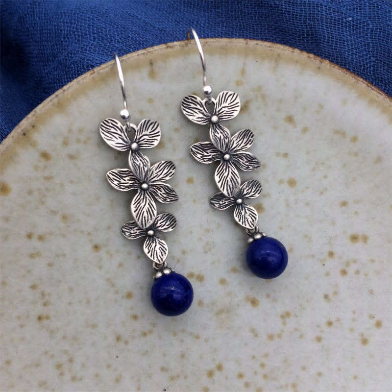 Buddha Stones 925 Sterling Silver Turquoise Lazurite Lapis Lazuli Flower Leaf Serenity Protection Hook Drop Dangle Earrings - Lazurite&925 Sterling Silver - image 10