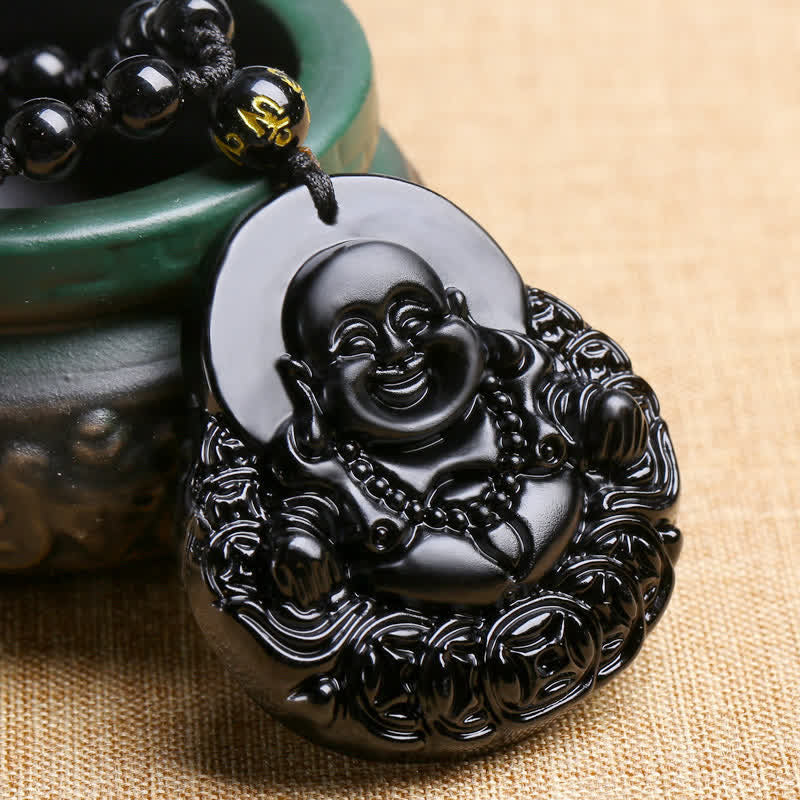Buddha Stones Laughing Buddha Black Obsidian Strength Protection Pendant Necklace - image 2