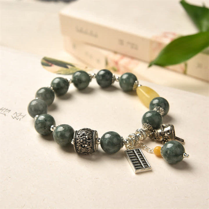 925 Sterling Silver Cyan Jade Amber Abacus Lucky Cat Success Bracelet - image 2