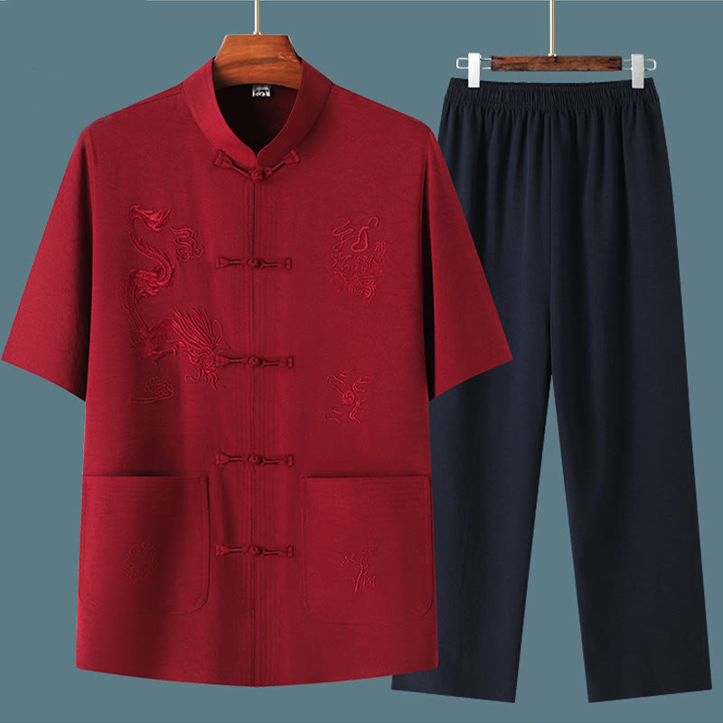Buddha Stones Tang Suit Hanfu Chinese Dragon Traditional Kung Fu Uniform Short Sleeve Tops and Pants Clothing Men's Set - image 17